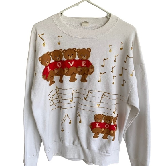 Vintage Crewneck Sweatshirt Puff Paint Handmade Bears Love Music Notes Size XL - Picture 1 of 6